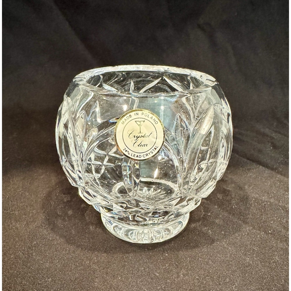 Crystal Clear Poland 24% Lead Crystal Cut Glass Rose Bowl Vase 3.25"